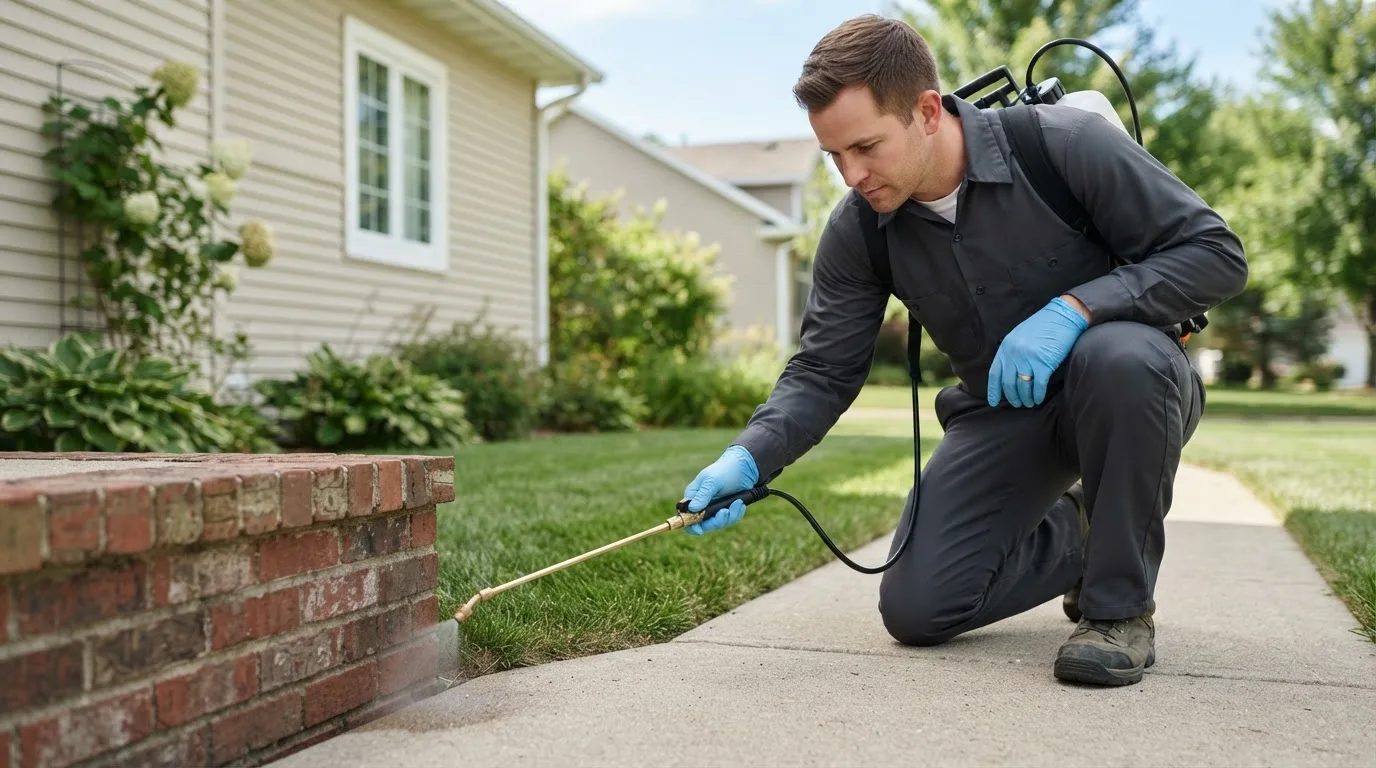 Pest control technician treating a home near Bourbon, IN